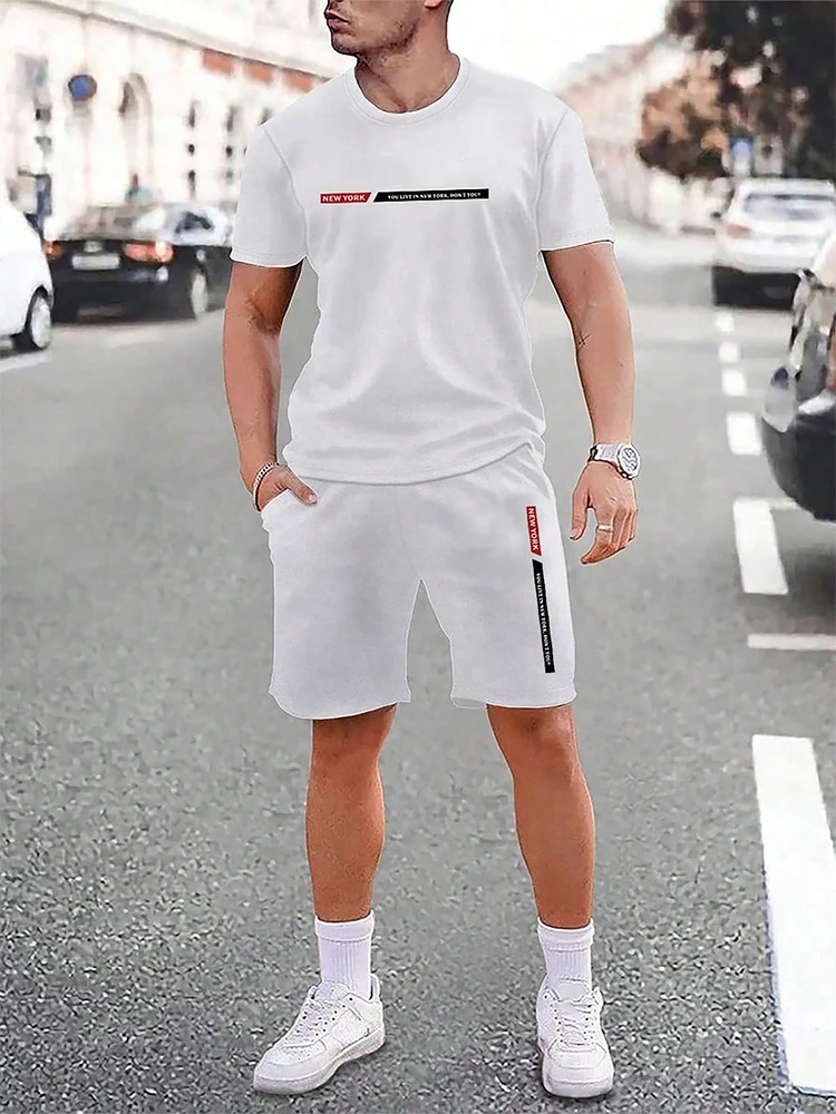 Urban street fashion trend men's crew neck short sleeve suit outdoor simple crew neck top casual and comfortable shorts