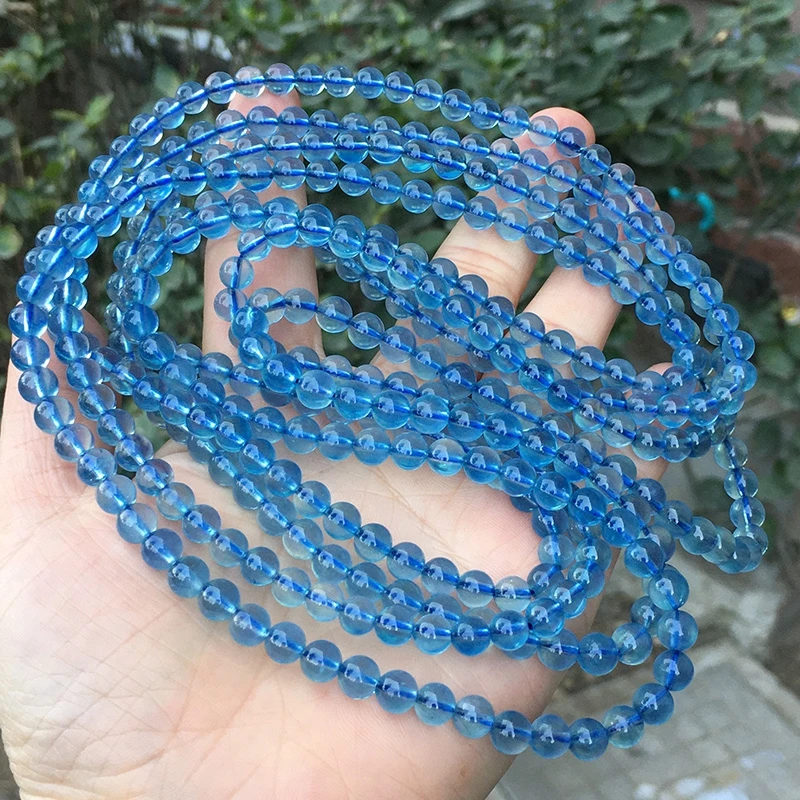 Genuine Natural Blue Aquamarine 3 Laps Clear Round Beads Bracelet Jewelry 6mm Wealthy Blue Aquamarine Beads Women Men AAAAAAA