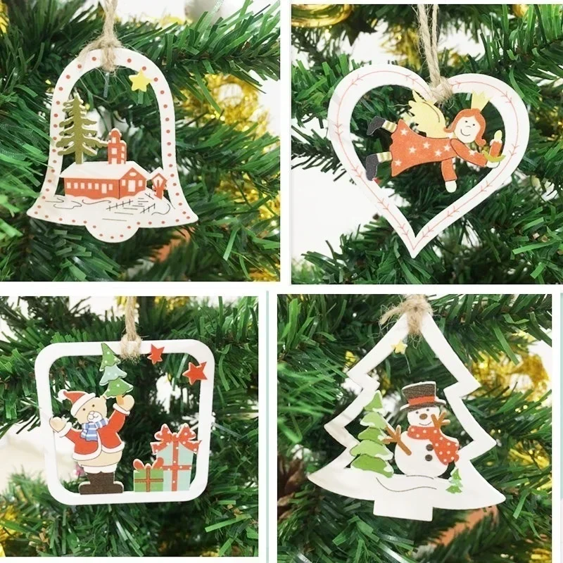 10PCS/Set Wooden DIY Christmas Tree Hanging Ornaments Pendant Bells Santa Claus New Year Decor Christmas Decorations for Home