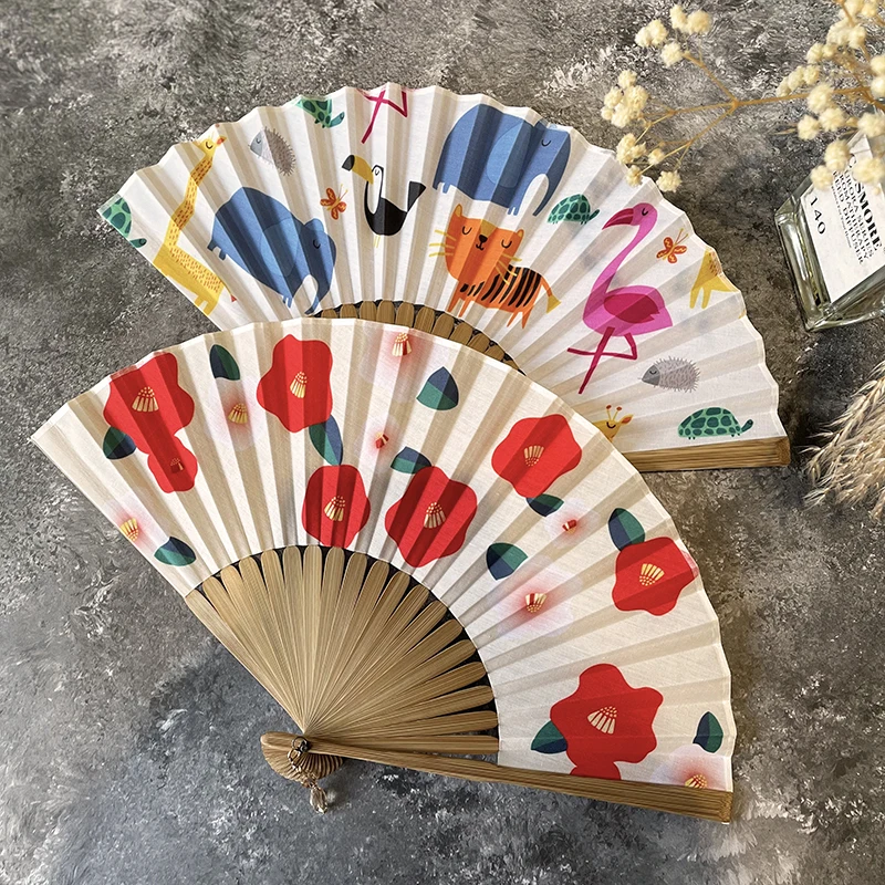 Portable Cartoon Folding Fan Summer Cute Retro Daily Handheld Fan Dance Performance Photo Props Cultural Craft Gift Ventilador