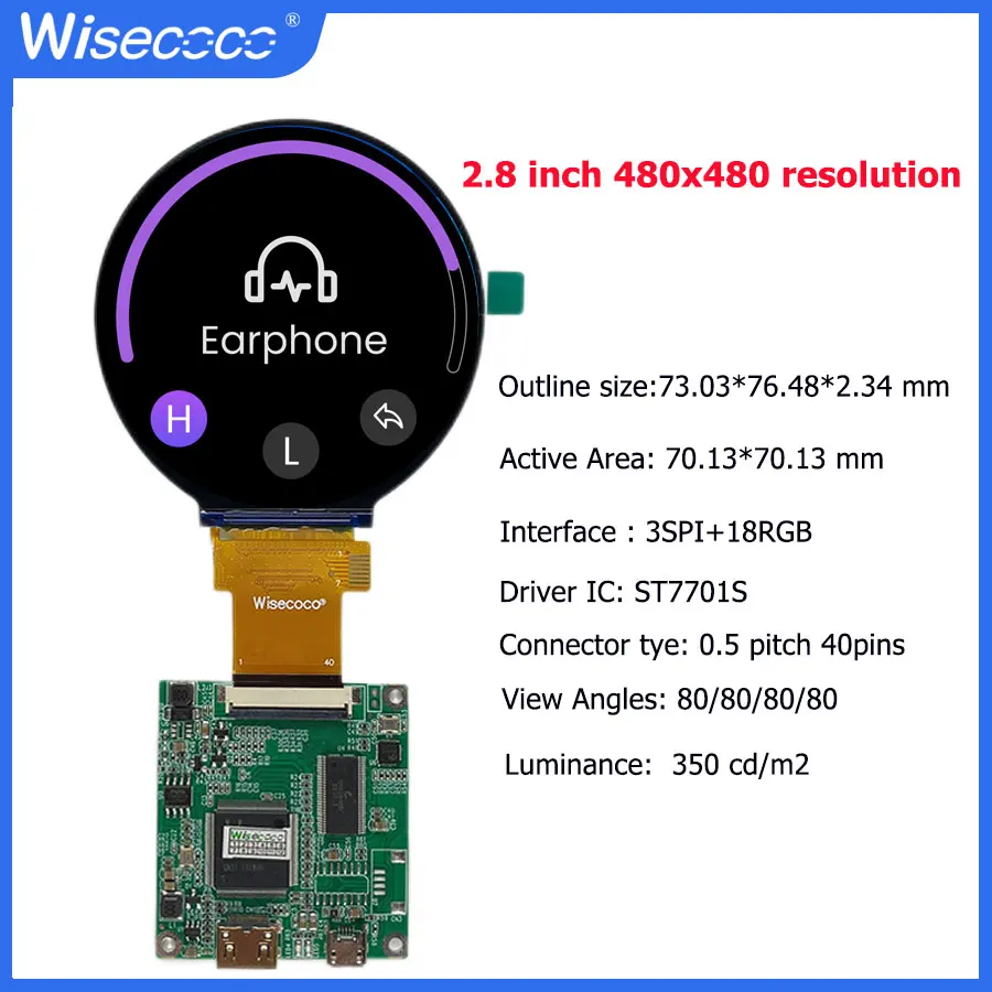 2.8 Inch Round LCD Display 480x480 TFT IPS Screen for Home Appliance Motorcycle Speedometer ST7701S RGB SPI Interface Wisecoco