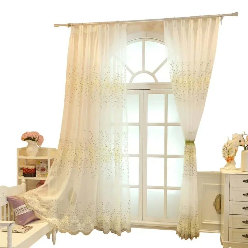 European Pastoral Embroidered Flower Curtains for Living Dining Room Bedroom White Gauze Bay Window Korean Window Screen Balcony