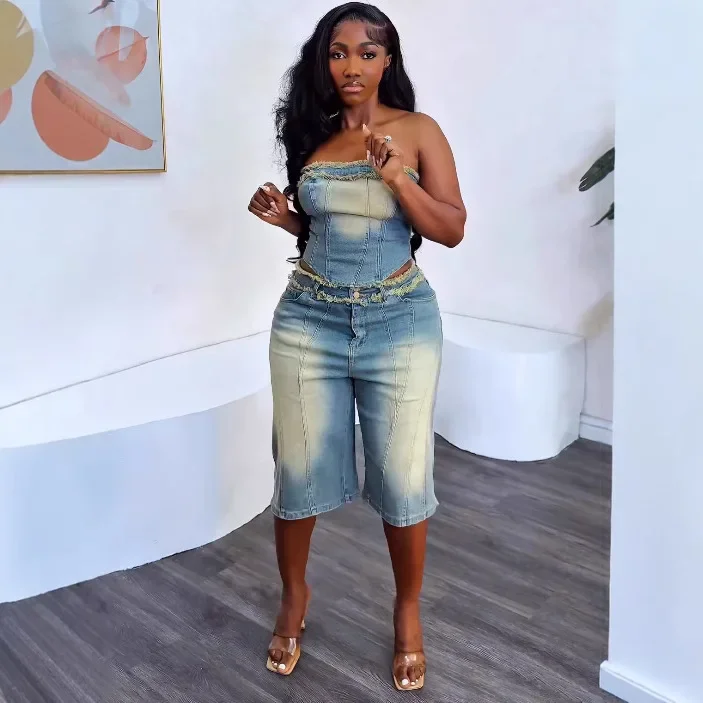 European and American Women's Denim Suits. Summer's New Fashionable Fringed Strapless Top and High-waisted Short Jeans for Women