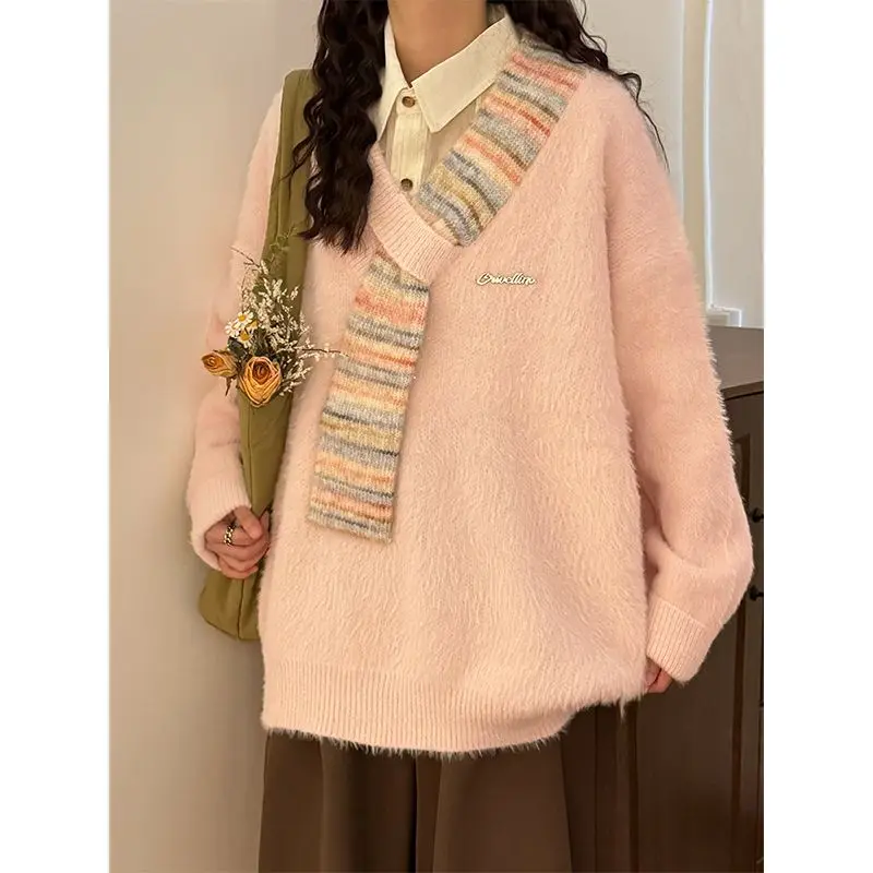 

Scarf Spliced sweater for Women Autumn Winter New Style Soft Layered V-neck Pullovers