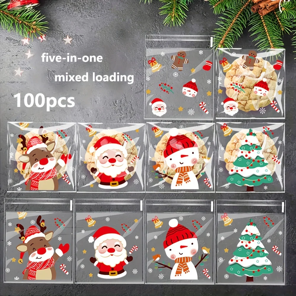 100pcs Christmas Treat Bags - Self-Sealing, Disposable Opp Candy & Cookie Pouches With Festive Cartoon Designs For Holiday Gift