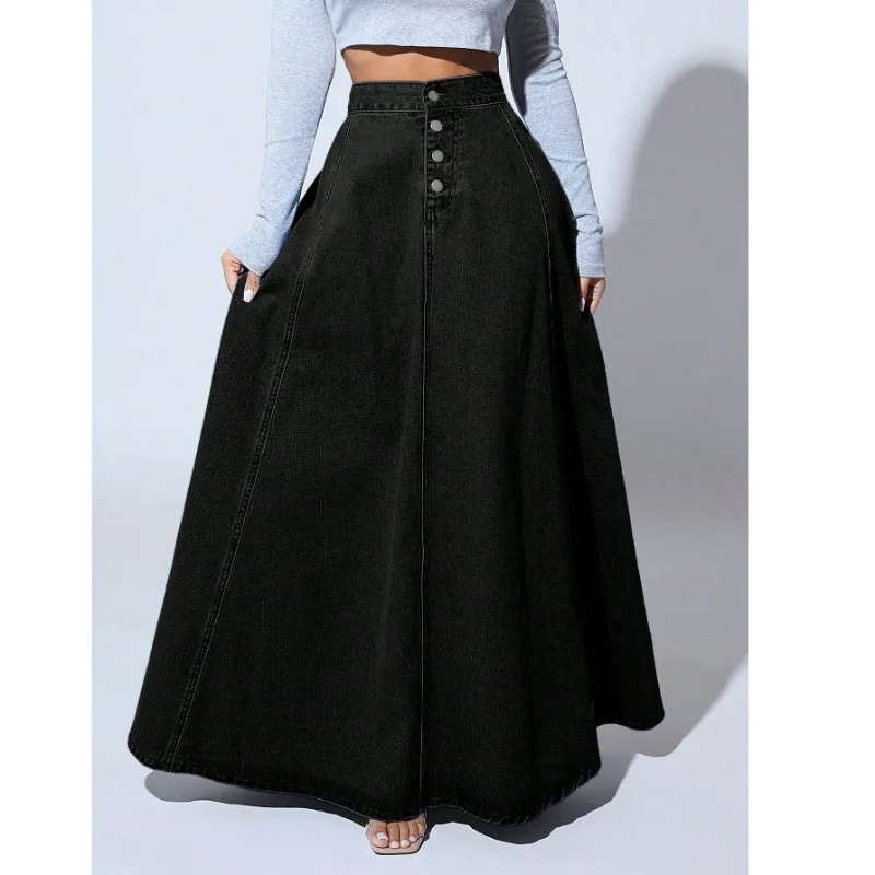

plus Size Women's Black Denim Long Skirt High Waist Single Button Flared Vintage Slimming Fashionable Versatile Mini Skirt