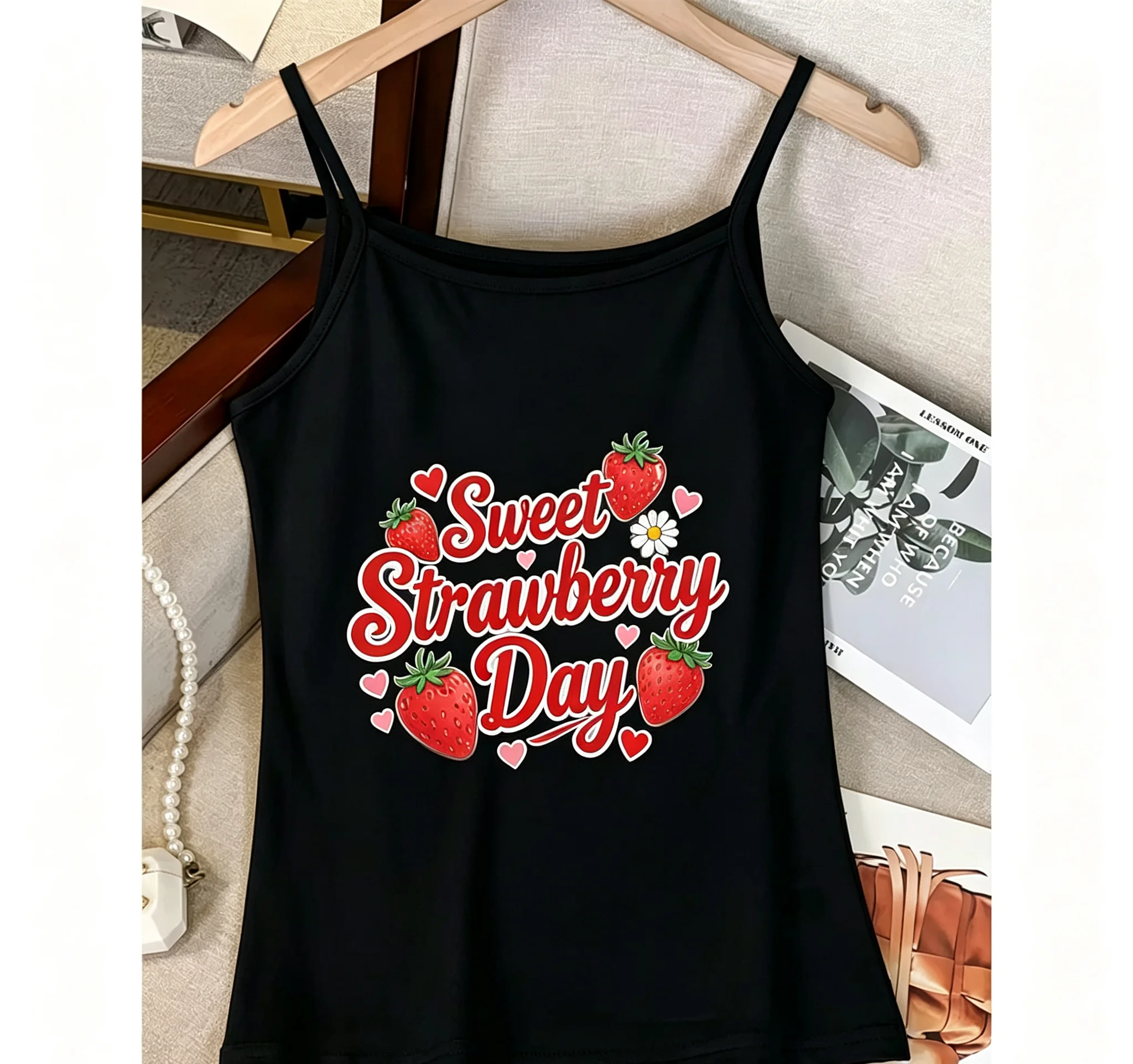 Cute Strawberry Heart Print Camisole Women Sweet Girl Graphic Tank Top Sleeveless Vest Casual Streetwear Summer Tops