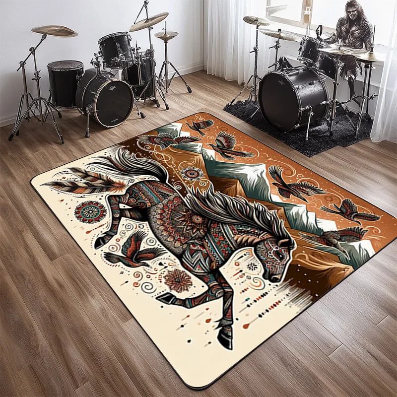 

Galloping Horse & Birds Print Non-Slip Rug Crystal Velvet Machine Washable Carpet for Living Room, Office, Drummers