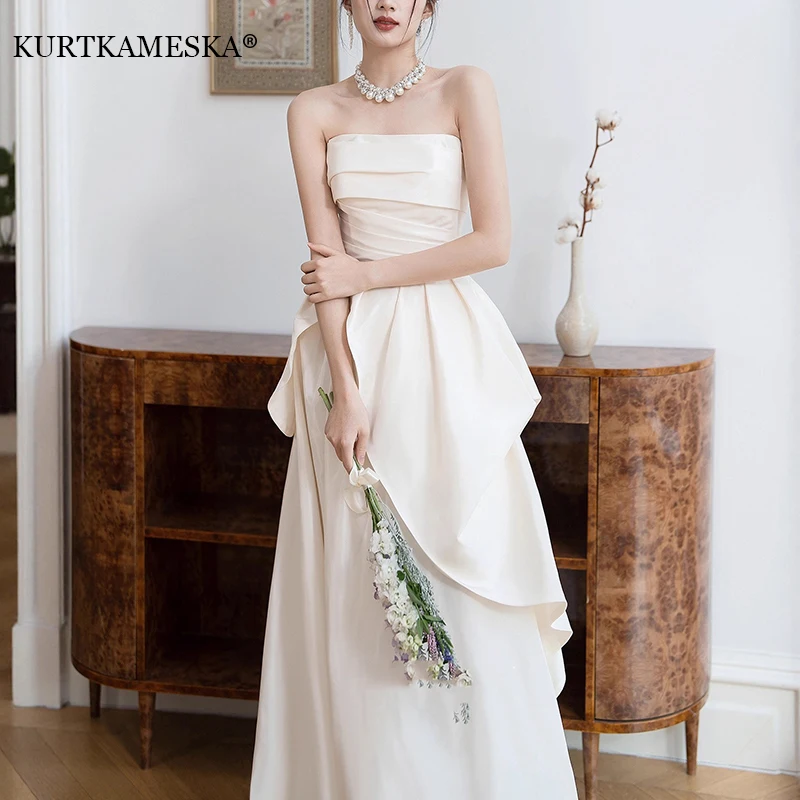 

French Light Wedding Dresses For Women Engagement Bride Gowns Elegant Long White Dress Back Tie Belt Evening Party Dress Vestido