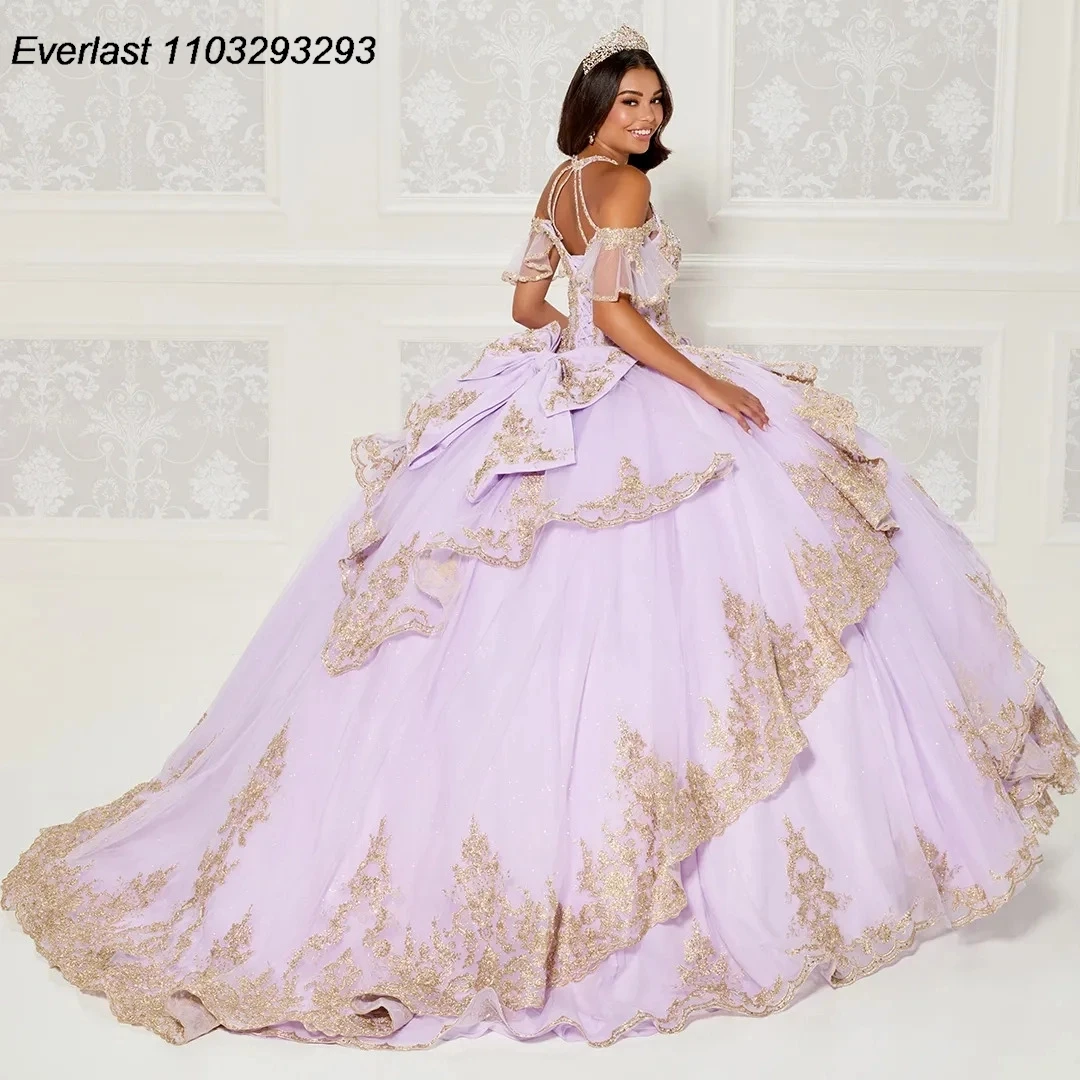 EVLAST Glitter Blush Pink Quinceanera Dress Ball Gown Lace Applique perline con fiocco corsetto Sweet 16 Vestido 15 De asenos TQD232