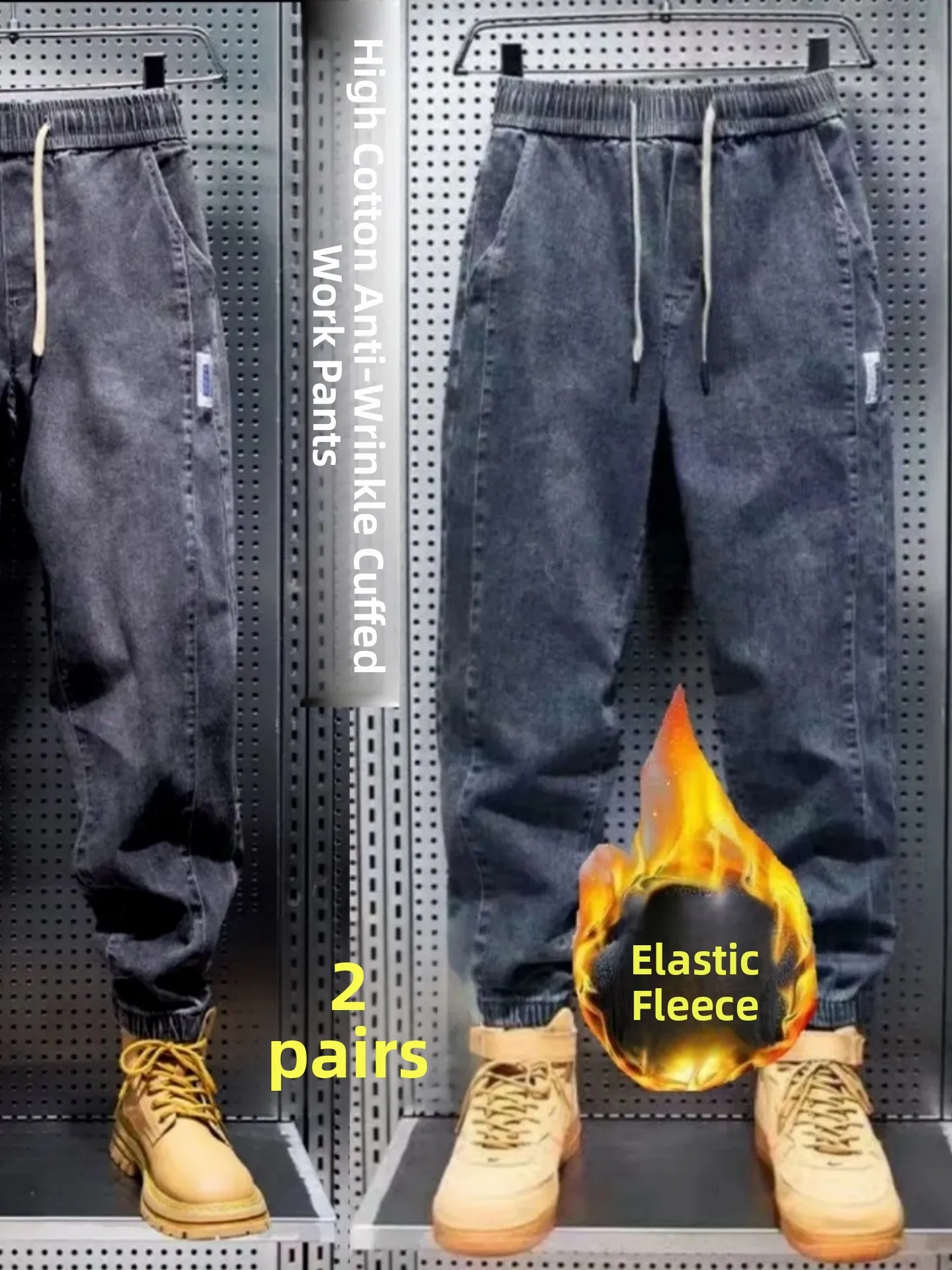 Men's Fleece Lined Thick Stretch Denim Jeans Loose Straight Leg Harlan Pants Elastic Waist Workwear Trousers Winter Wear