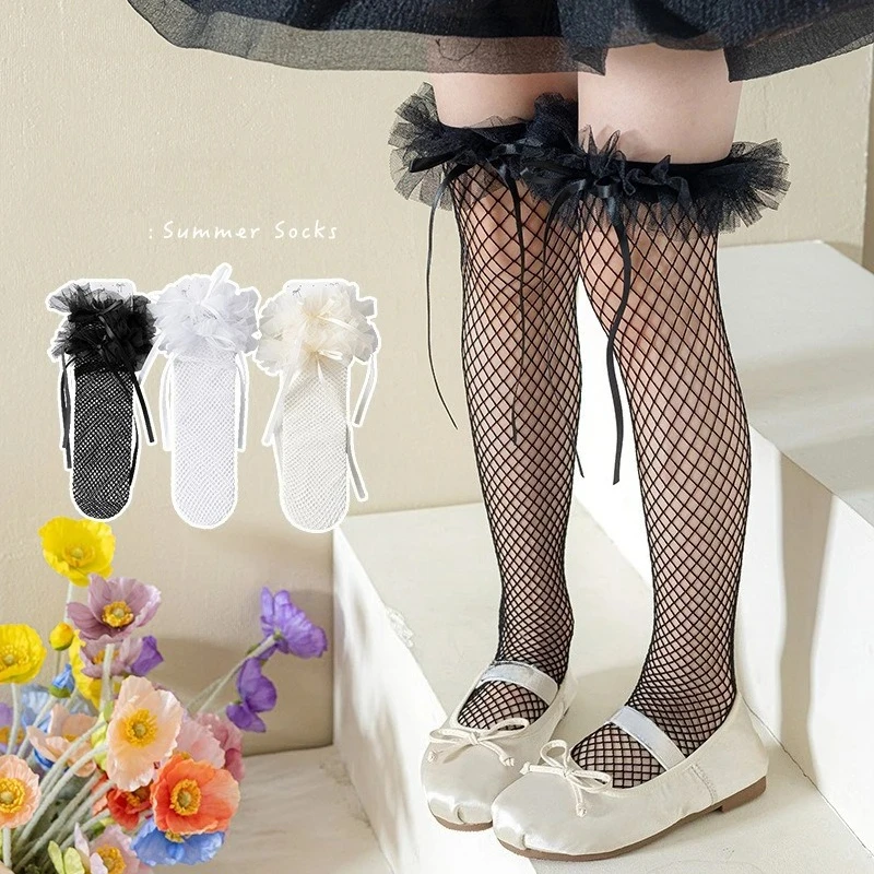 

Дышащие летние носки для девочек, кружевные носки до середины икры в стиле Лолиты с бантом, балетные носки с лентой, модельные носки для детей