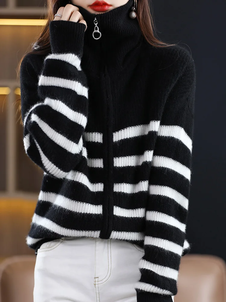 Spring Autumn Winter Women Sweater Zipper Turn-down Collar Cardigan 100% Merino Wool Casual Cashmere Knitwear Korean Fashion Top