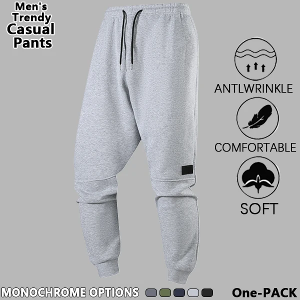 Men Solid Color Jogger Sweatpants, Drawstring Elastic Waist, Split Seam Details, Small Leather Label Decor, Ribbed Cuff Hem, Multi Colors, Casual Sports Trousers for Fitness Running Daily Wear