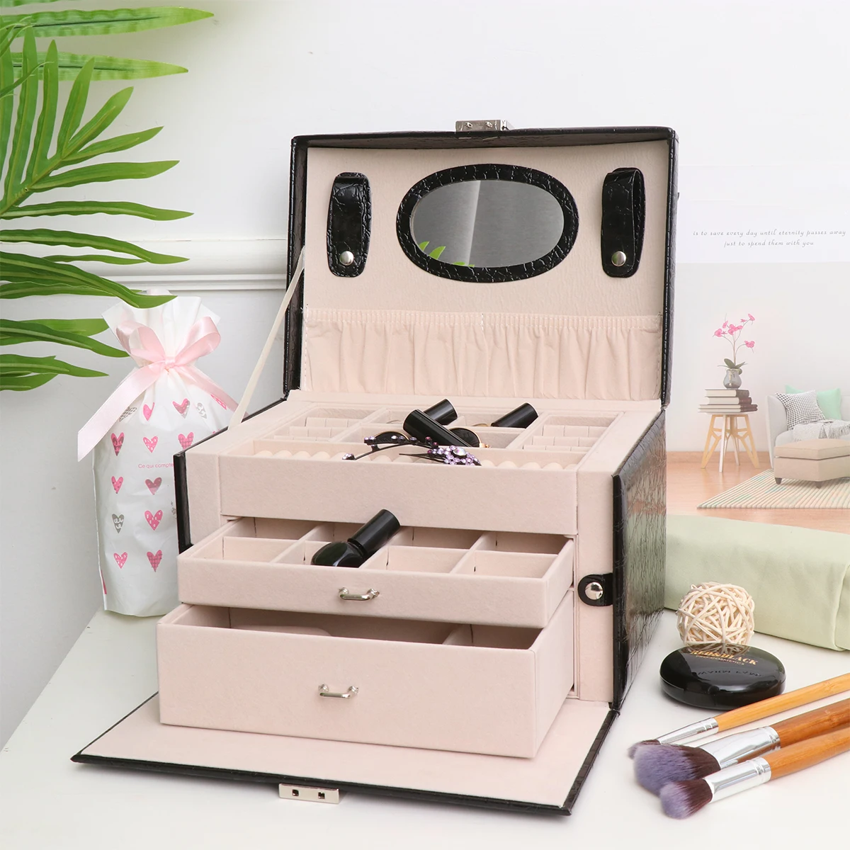 

Lockable 3 Layers Jewelry Storage Box Large Capacity Multi Compartments Organizer Case With Mirror For Travel Home Use Black