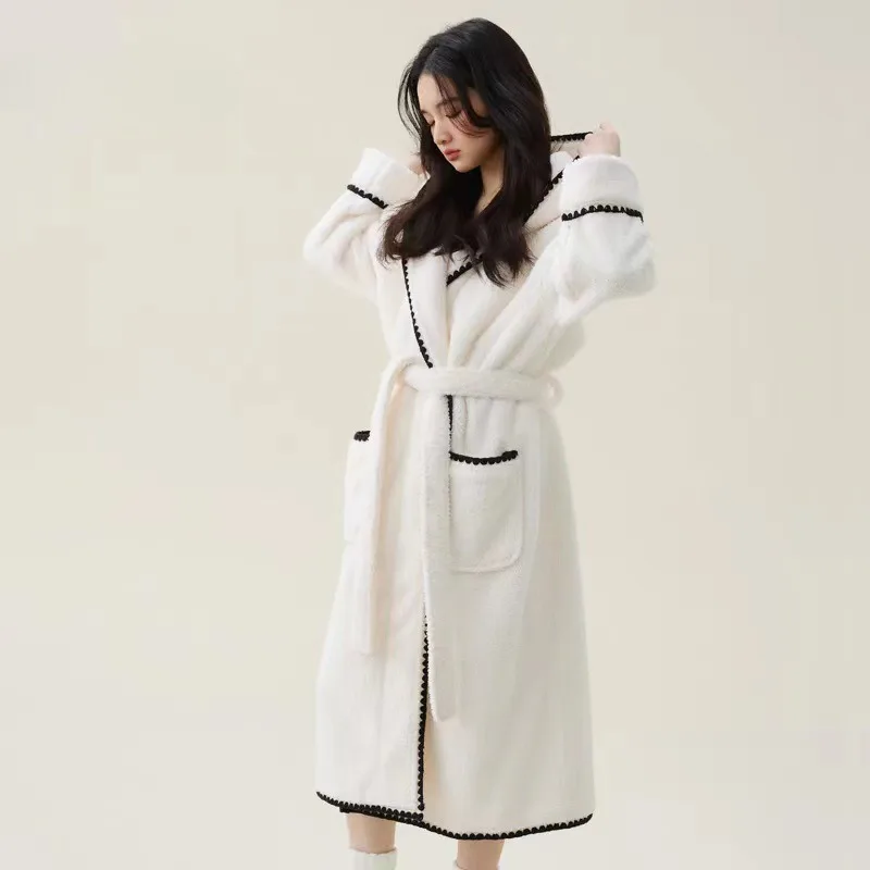 

Coral Wool Thick Robe Women's Sexy Bathrobe Winter Flannel Solid Color Women's Casual Home Clothes Pajamas