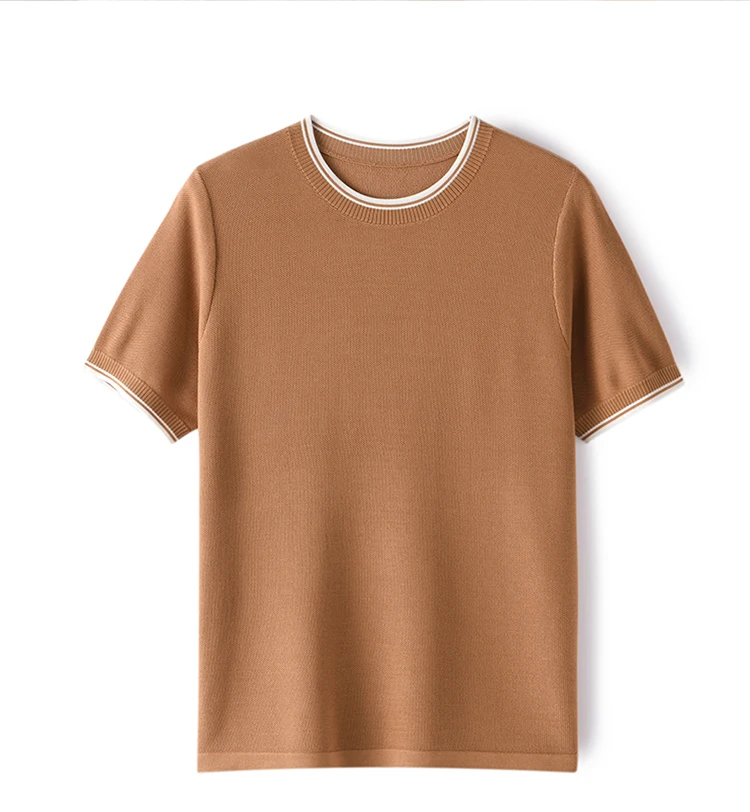 

100% mulberry silk round neck color matching loose casual silk short-sleeved T-shirt