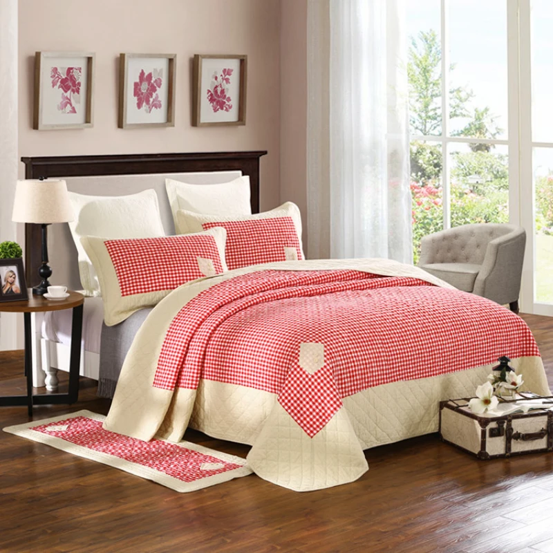100% Cotton Checkered Quilted Bedspread 3PCS Quilt Set,Minimalist Bedding Ensemble,Summer Lightweight King Size Home Decor