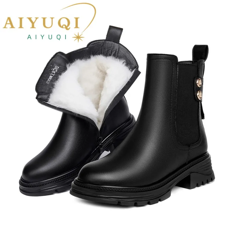 AIYUQI Women Winter Boots 2024 New Genuine Leather Women Motorcycle Boots British Style Large Size Wool Warm Women\'s Ankle Boots