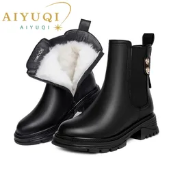 AIYUQI Women Winter Boots 2024 New Genuine Leather Women Motorcycle Boots British Style Large Size Wool Warm Women's Ankle Boots