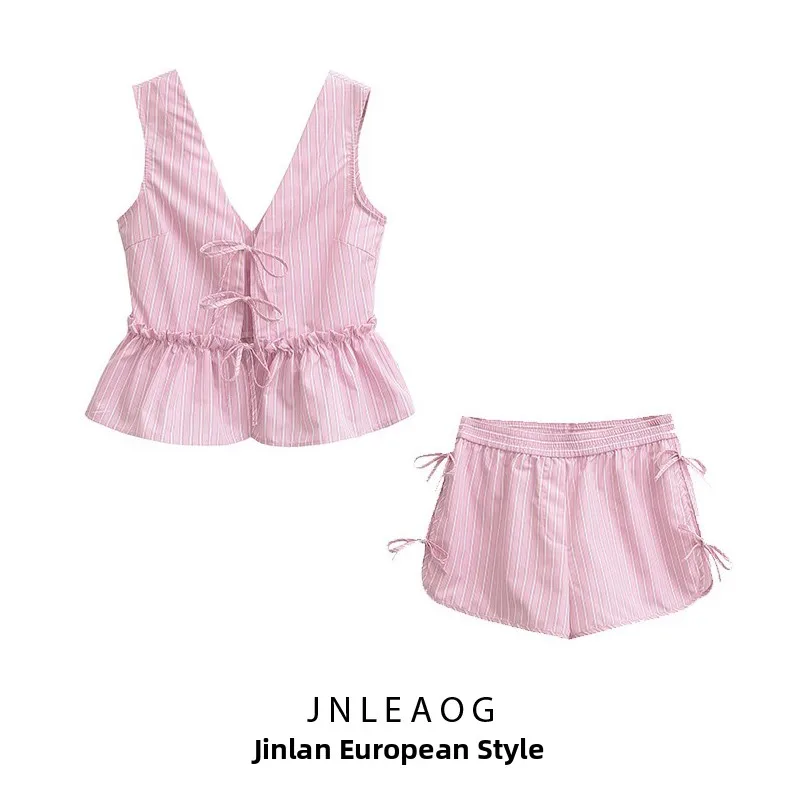 

JNLEAOG Spring New Women's Casual Stripe Silk Knot Decorated orts Polyester Fiber Slim Fit Regular Length
