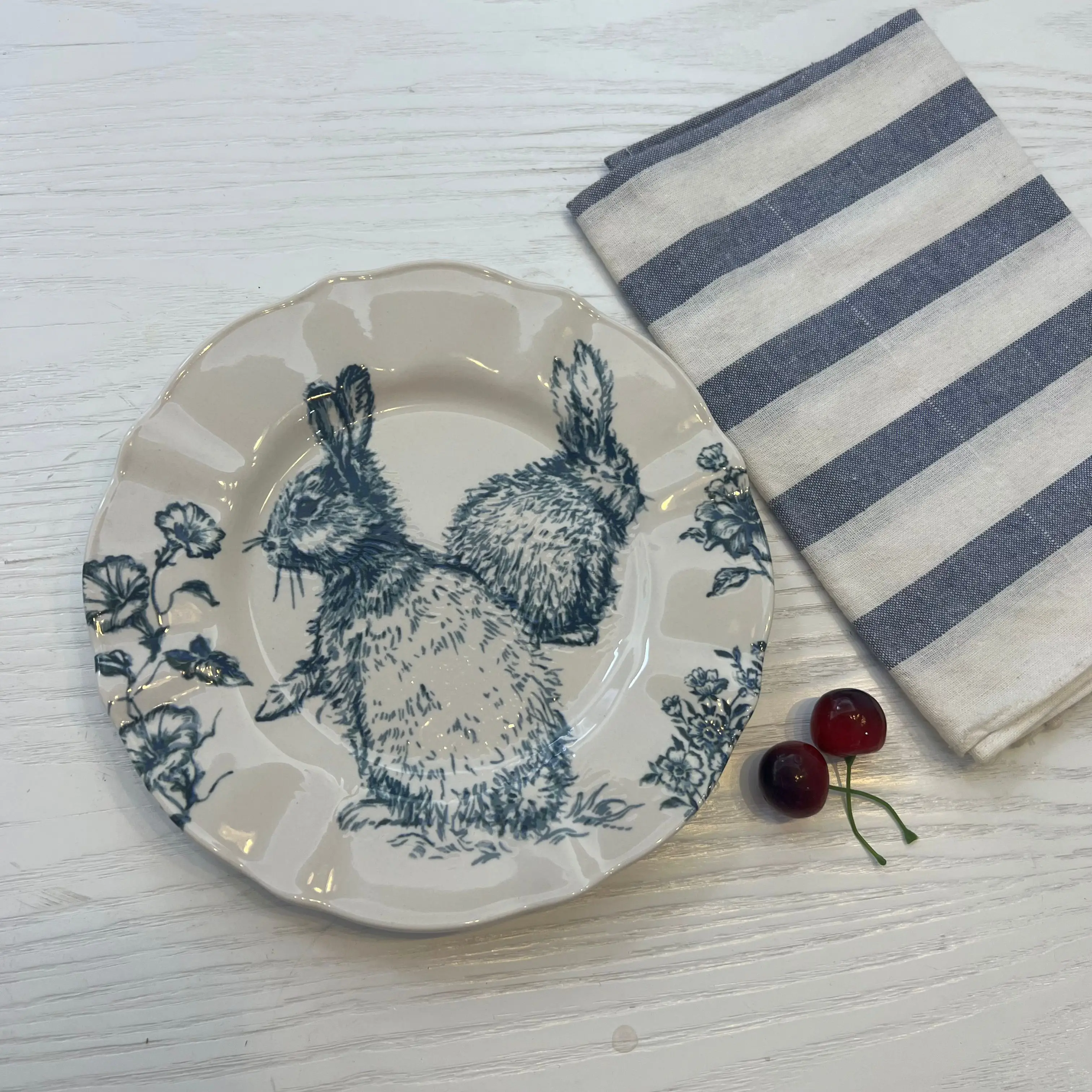 Nordic Retro Cute Cartoon Blue Rabbit Dim Sum Plate Glazed Dinner Plate