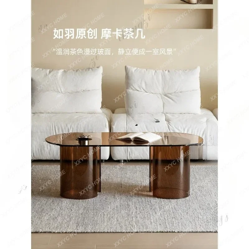Mocha glass coffee table antique small apartment living room household oval
