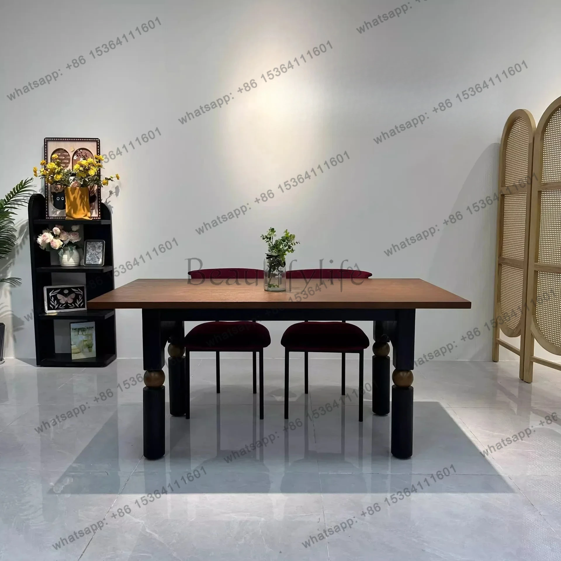 

Retro solid wood dining table medieval wabi style black home living room dining table semi-round small apartment long table