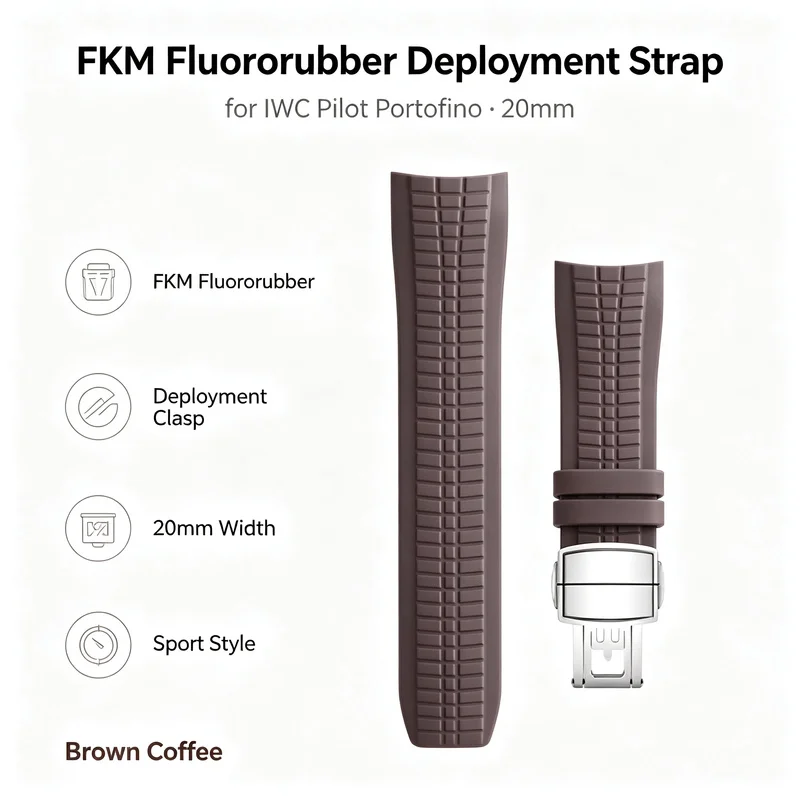 20mm FKM Fluororubber Strap for IWC Pilot Portofino Mark XVIII Brown Coffee Deployment Clasp Men Sport Replacement Watch Band