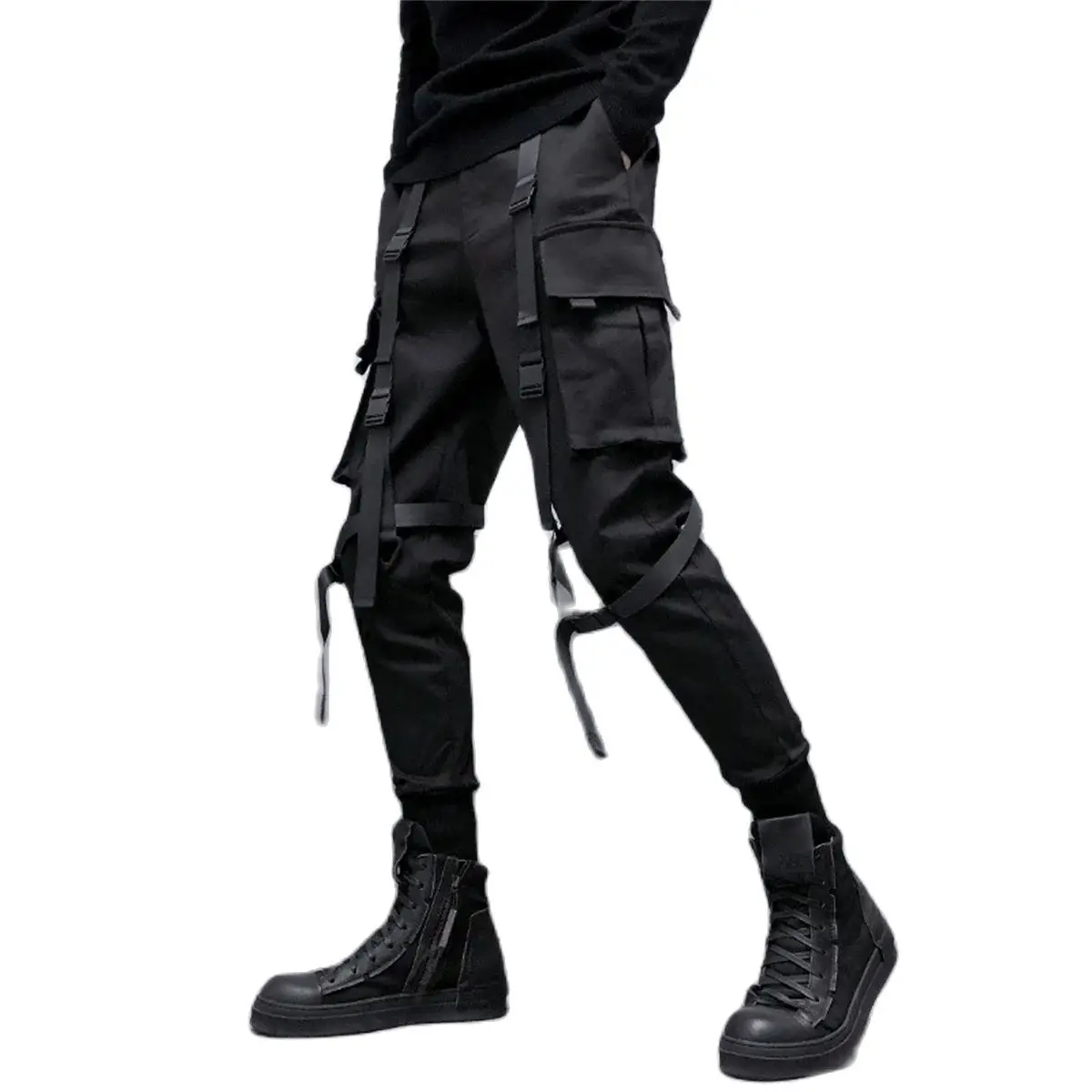 

Черные брюки-карго в стиле хип-хоп, мужские свободные шаровары, мужские брюки с несколькими карманами и лентой, уличная одежда, спортивные брюки для мужчин