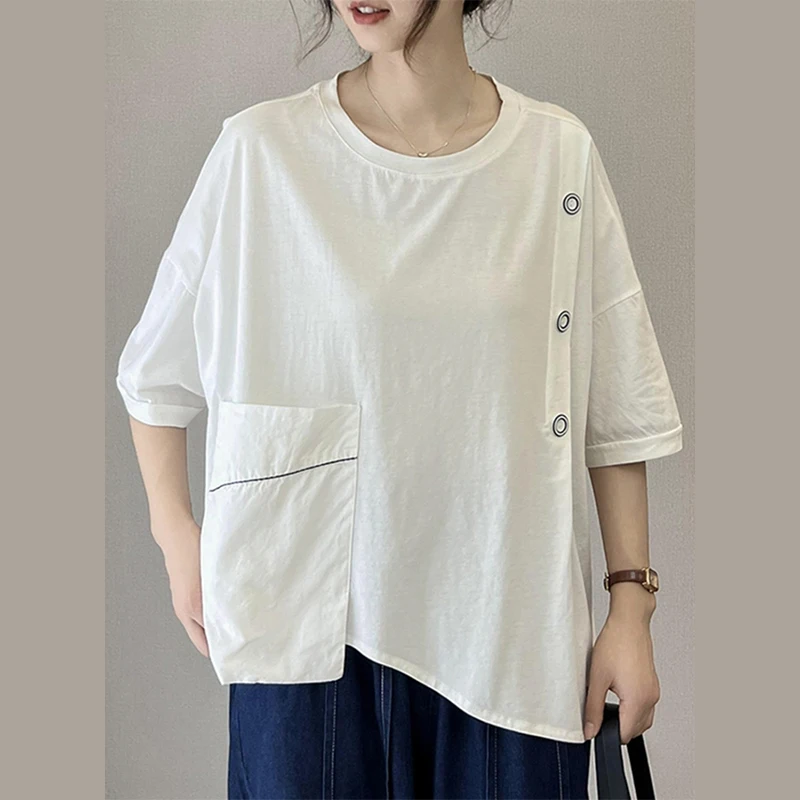 Summer O Neck Women Short Sleeve T Shirt Spliced Irregular Fashion Vintage Literary All-match Oversized Clothing Top Black White