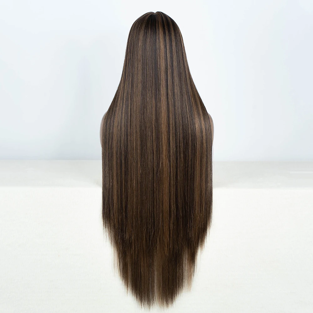 Synthetic Lace Front Wigs Long Straight Lace WIg 38Inch Highlight Brown Blonde Black Wig For Women  Synthetic Heat Resistant Wig