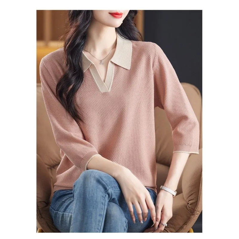 Women's New Patchwork Fashion Solid Color Loose Bottoming Lapel Three-quarter Sleeve Sweater Top