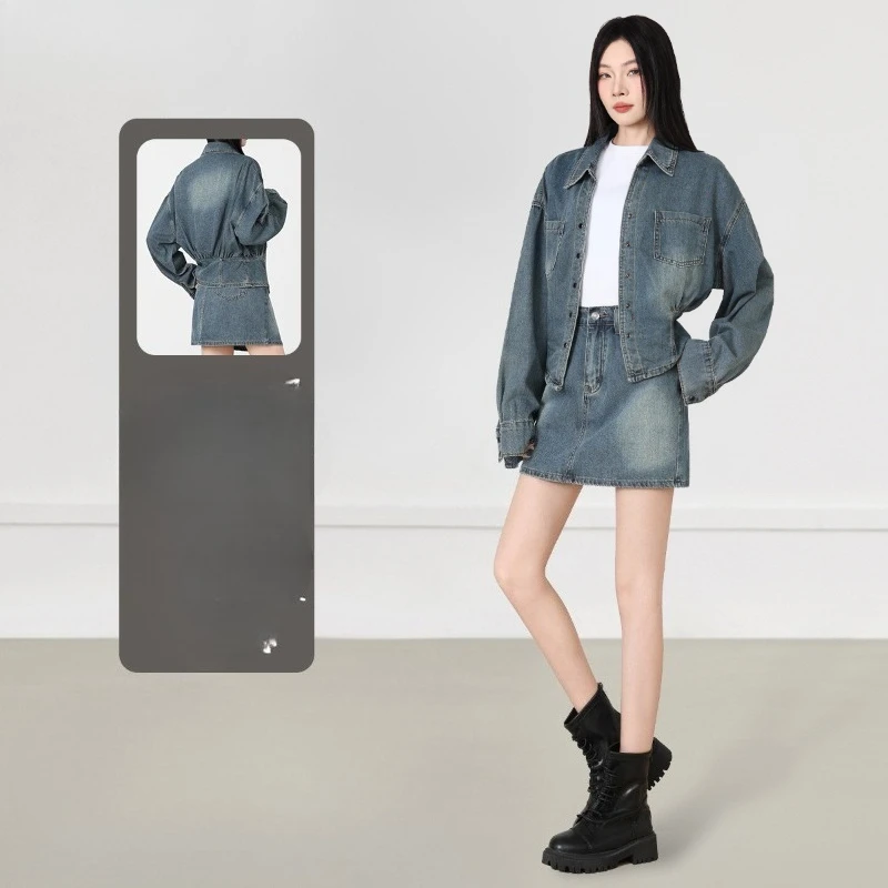 

Spring Autumn 2026 New Style Versatile and Fashionable Long-sleeved Cinched-waist Denim Top Denim Short Skirt Set Age Reduction