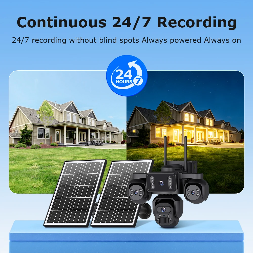 Solar Camera 4G Outdoor 4 Lens 4-Screen All-Day Recording PIR Human Detect Waterproof Night Vision CCTV Security Protection