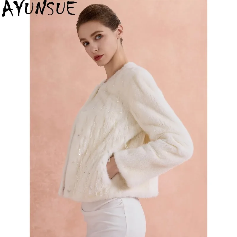 AYUNSUE Echt Minkbontjassen voor Dames, Saga Bontjas, Witte Bontjas, Elegante Buitenkleding voor Dames, Dameskleding, Manteau Femme