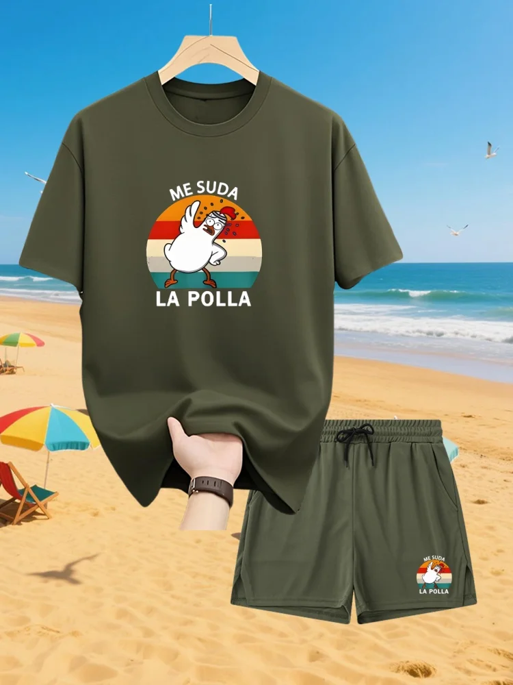 

2025 New Men's Summer Round Neck Short Sleeve Suit Outdoor Sports Comfortable Shorts Suit LA POLLA Letter Print Casual Suit