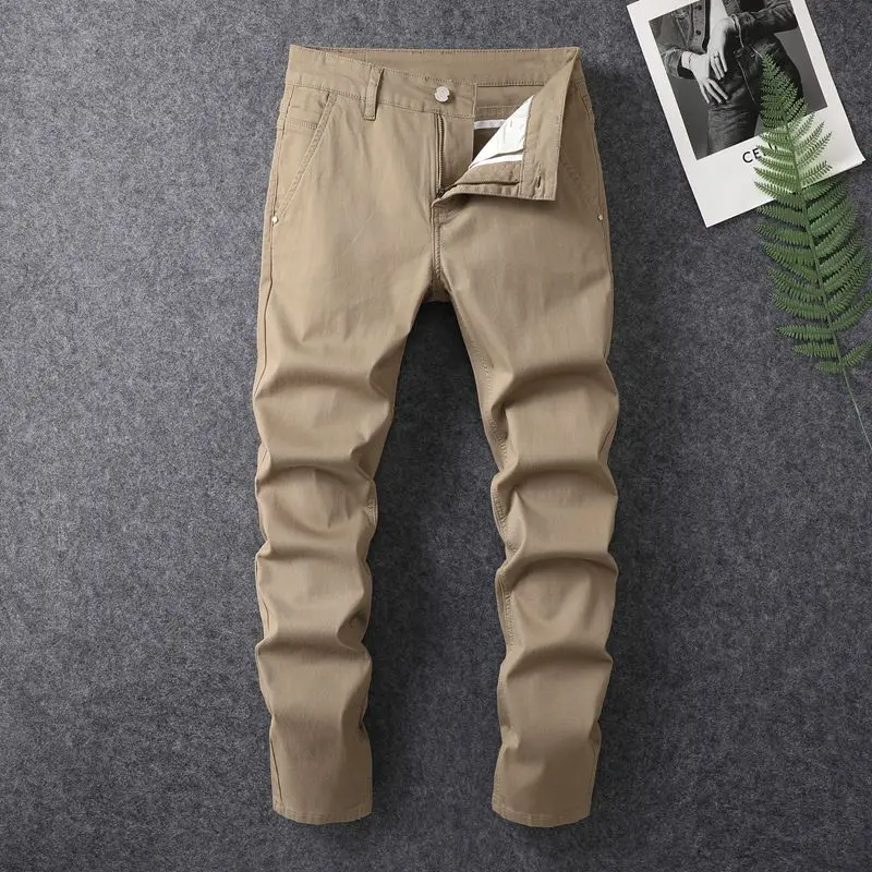 Solid Color Trendy Trousers Men's Slim Fit Thin 2024 New Versatile Office Daily Street Cotton Overalls Casual Pants