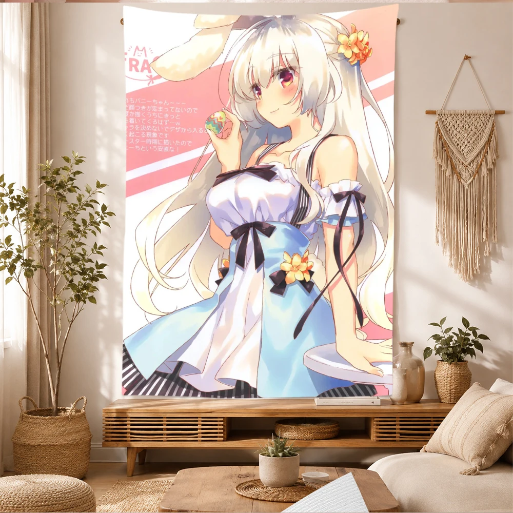 Cute Anime Girl Tapestry Wall Hanging Silver Hair Bunny Ears Blue White Dress Manga Art Bedroom Dorm Home Decor Fans Gifts