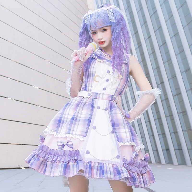 الأرجواني منقوشة فستان النجوم تألق الأرجواني ليتل المعبود المرحلة الزي الأصلي لوليتا فستان بلا أكمام + قبعة + قفازات