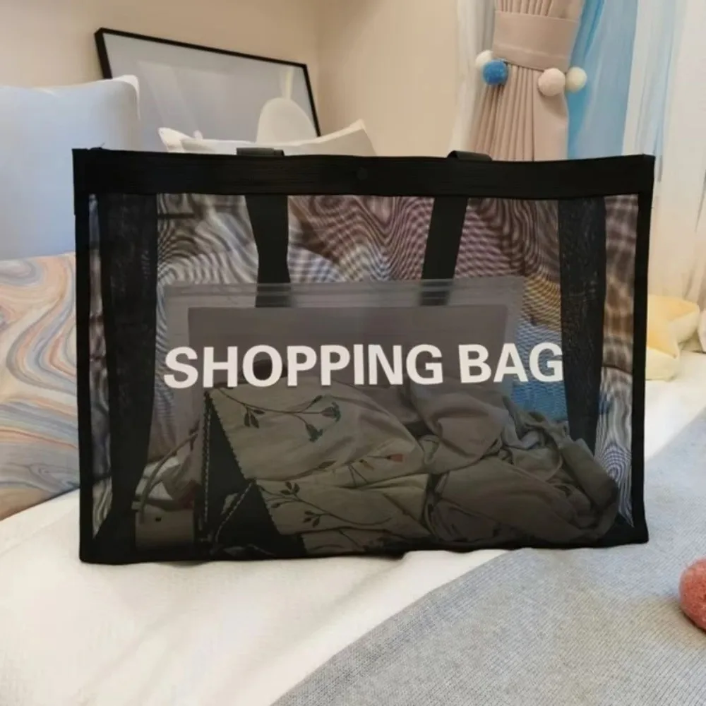 Portable Transparent Shopping Bag Mesh Large Capacity Shoulder Handbag Breathable Toiletry Storarge Bag For Beach Travel