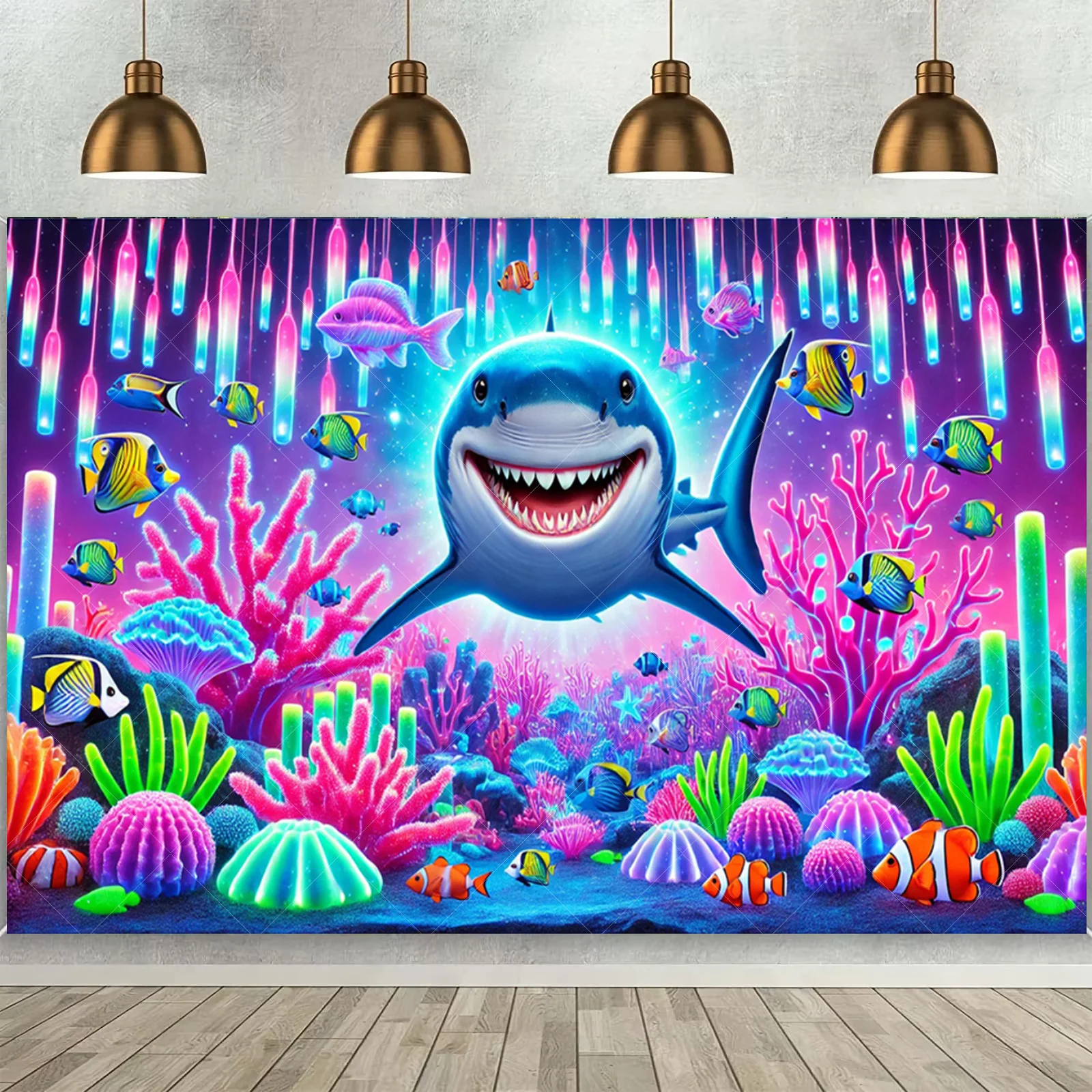 

Shark Ocean Fluorescent Atmosphere Underwater World Background Family Party Decor DJ Supplies Props UV Reactive Neon Star Light
