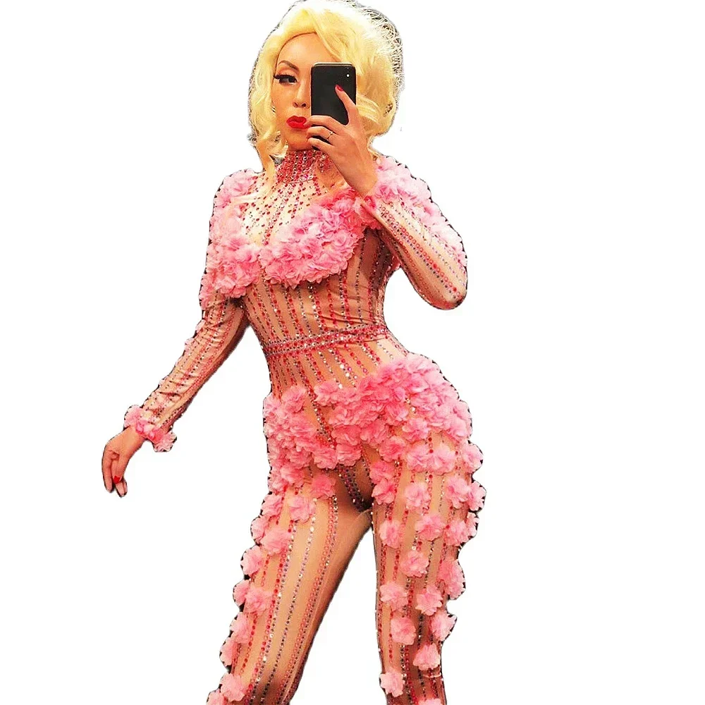 Pink Floral Shining Rhinestones Long Sleeve Jumpsuits For Women Fashion Show Model Costumes Drag Queen Carnival Outfits