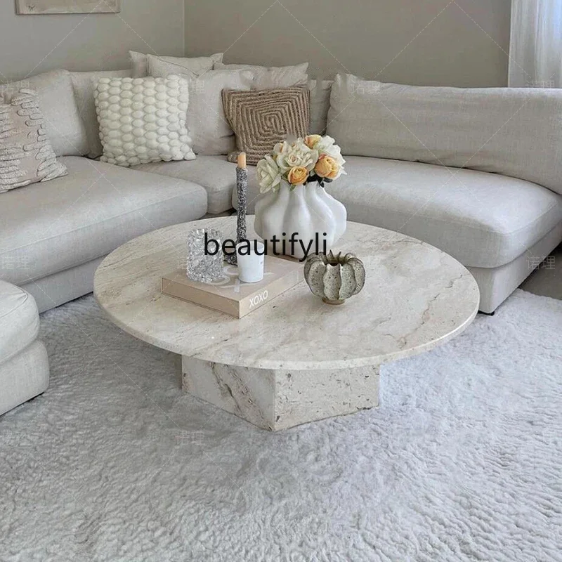 

cqyWabi Sansan natural marble coffee table advanced sense travertine small apartment French household cream light luxury