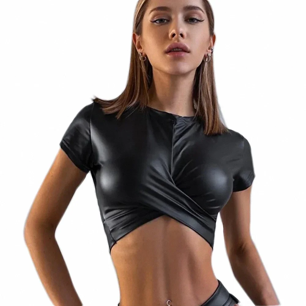 Women's Tight Crew Neck T-shirt New Shiny Patent Leather Cross Short Top Metal Punk Style Hot Girl Belly Exposed Slim Clothes