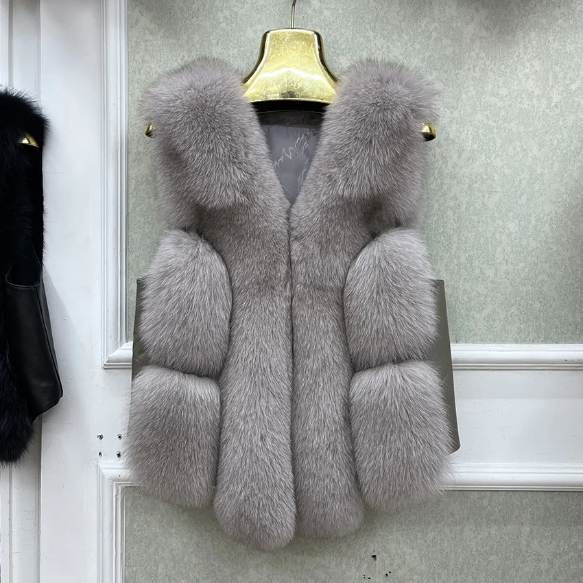 2024 New Autumn Winter Warm Women\'s Coat Natural Real Fox Fur Vest Thick Mid Length Waistcoat Luxury Female Jacket Streetwear