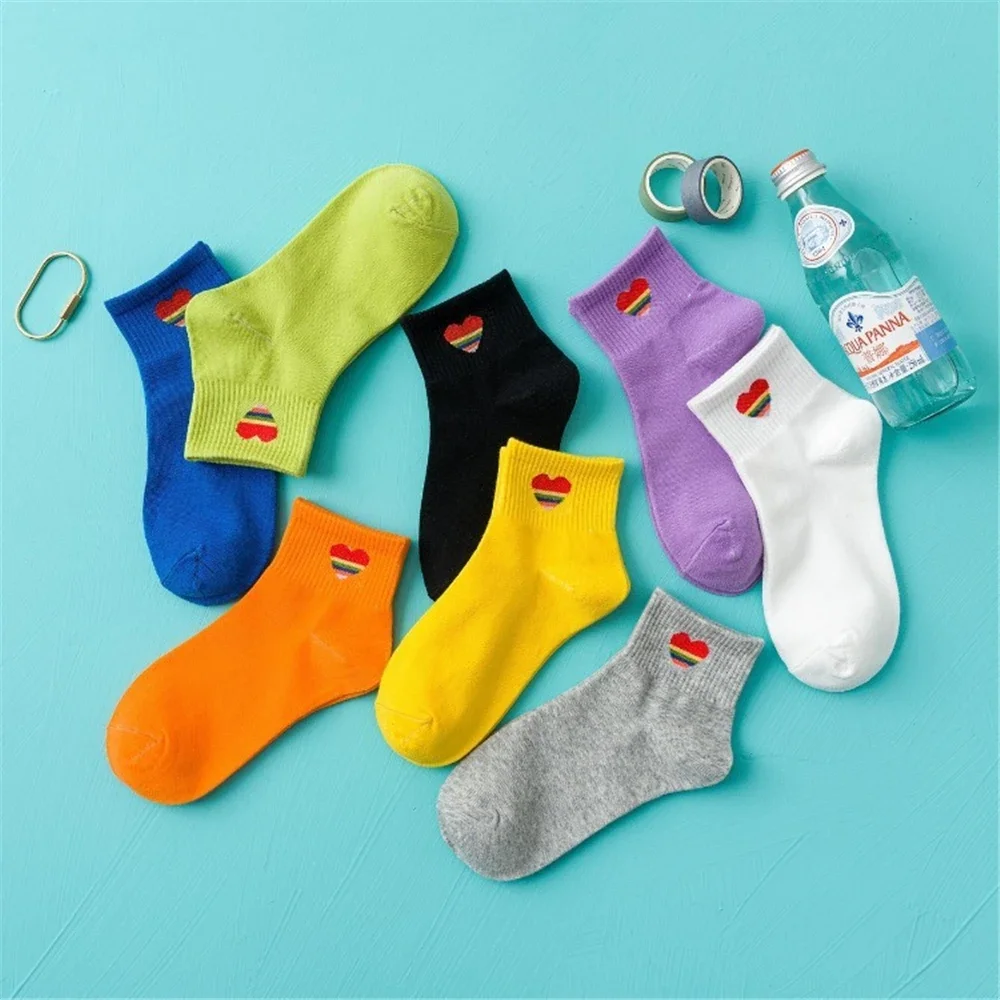 Candy Color Funny Socks for Women, Candy Color, Rainbow, Love, Heart, Harajuku, Cute Women, Bright Ankle Socks, Dropship