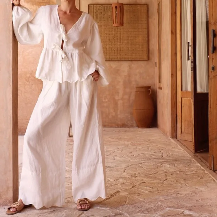 

2026 Модный свободный белый хлопковый комплект из 2 предметов для женщин Элегантная рубашка с длинным рукавом и широкие брюки с высокой талией Женский комплект