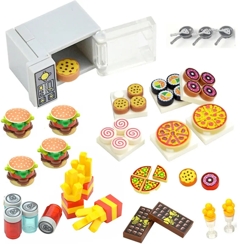 City Food Building Blocks Kitchen Accessories Hamburger Pizza Fries Cake Chocolate Cookies MOC Bricks Toy Basket Parts LEDUO