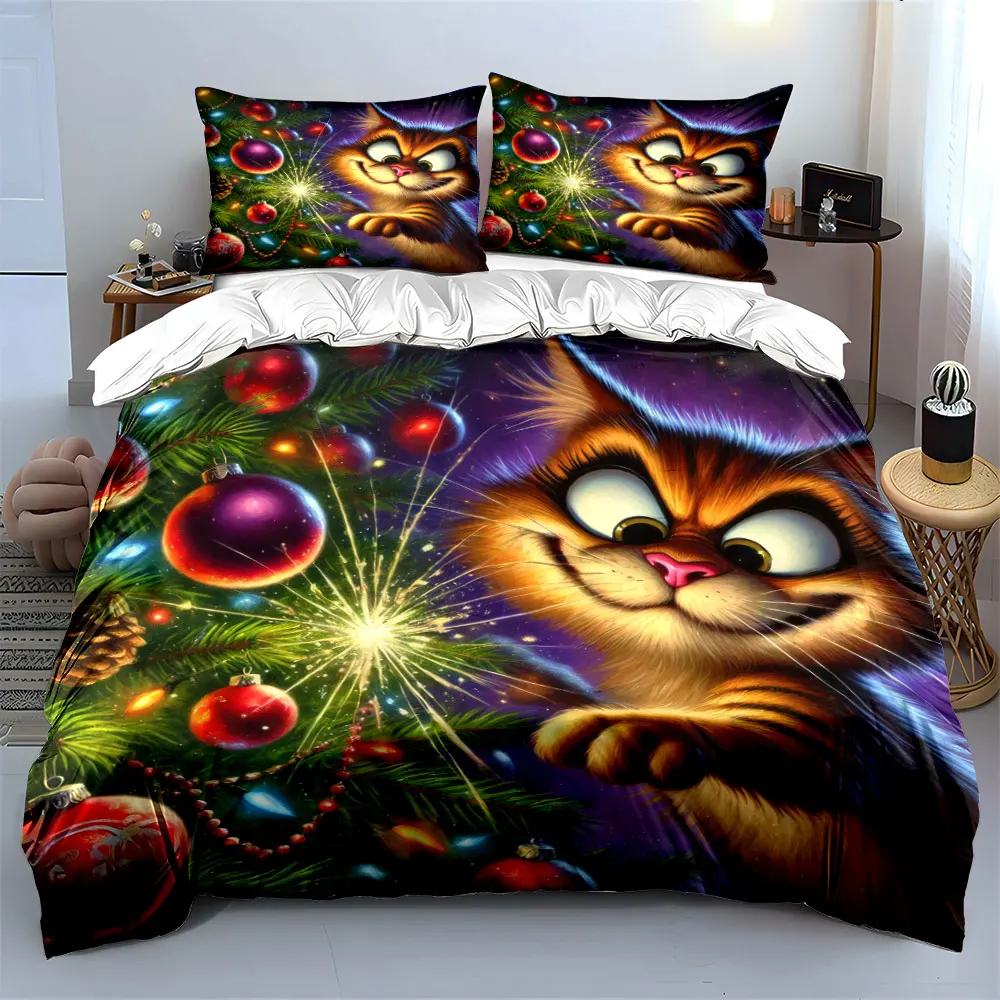 Playful orange cat next to sparkling Christmas tree Print Duvet Cover Bedding Set Included 1*Duvet Cover 2*Pillowcases